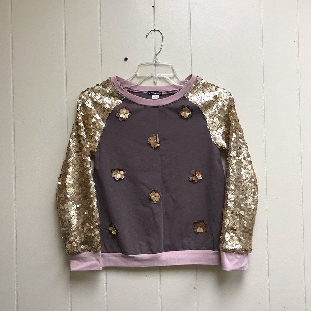 Kate Mack l 12 Girl’s Flowers Gold Sequined Crewneck Ragland Pullover Sweatshirt